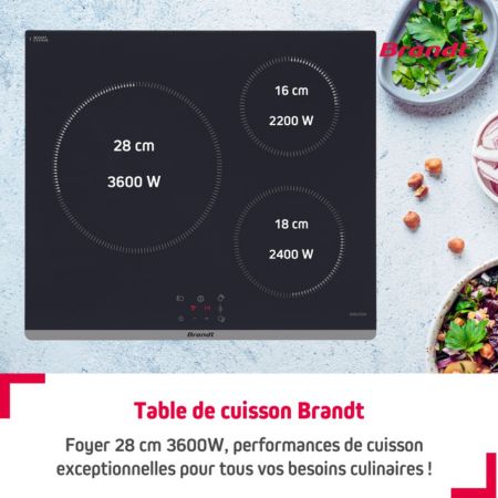 BRANDT TI364B - Table de cuisson posable - 3 zones - 3600 W - L60 cm - Noir